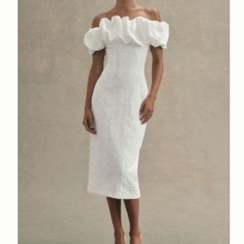 MISHA EMBERLYN OFF-THE-SHOULDER BUBBLE MIDI DRESS